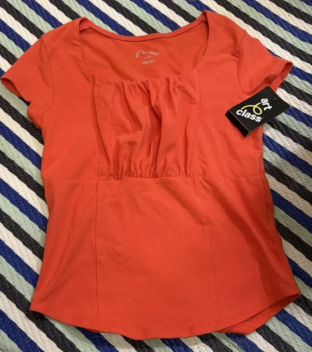 Art Class Round Neck Ruffled Front Short Sleeve Orange Girls 14 XL. NWT